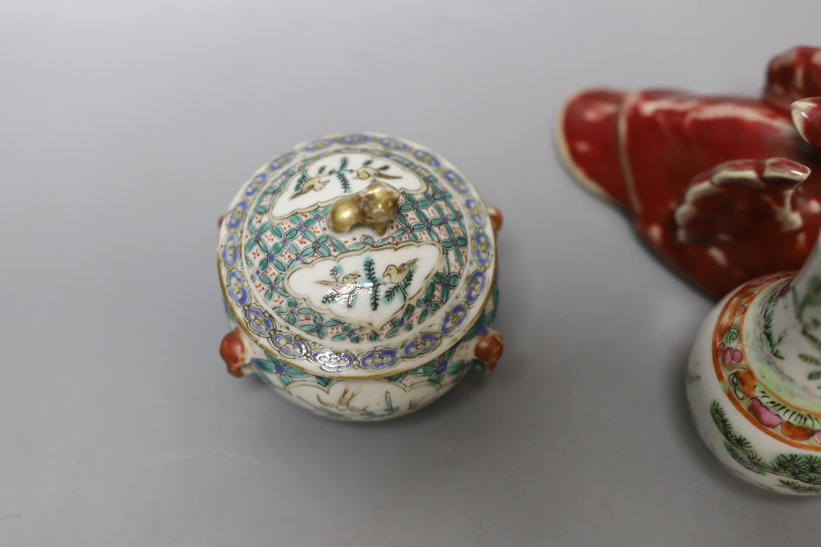 Three 19th century Chinese Canton decorated items and a sang-de-boeuf duck - tallest 10cm